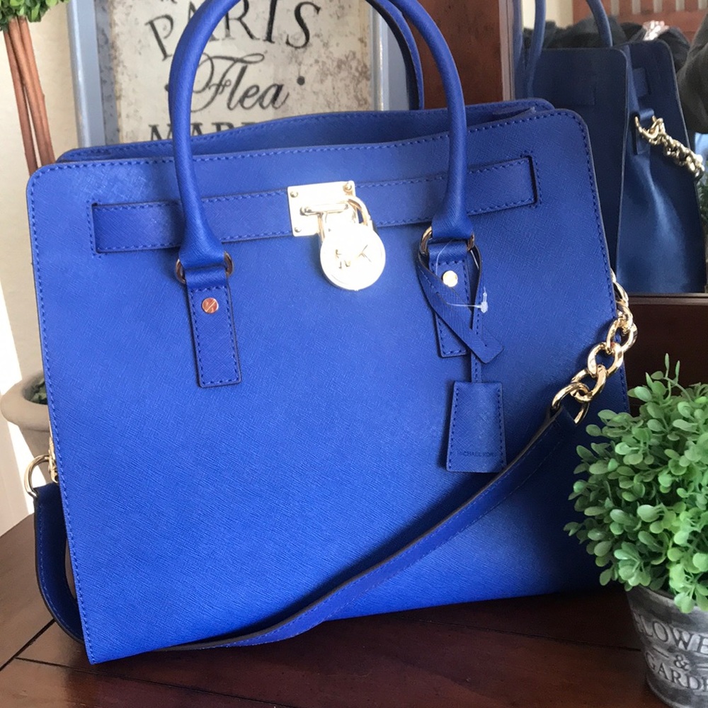 Michael Kors Hamilton sapphire blue saffiano leather tote with gold hardware
